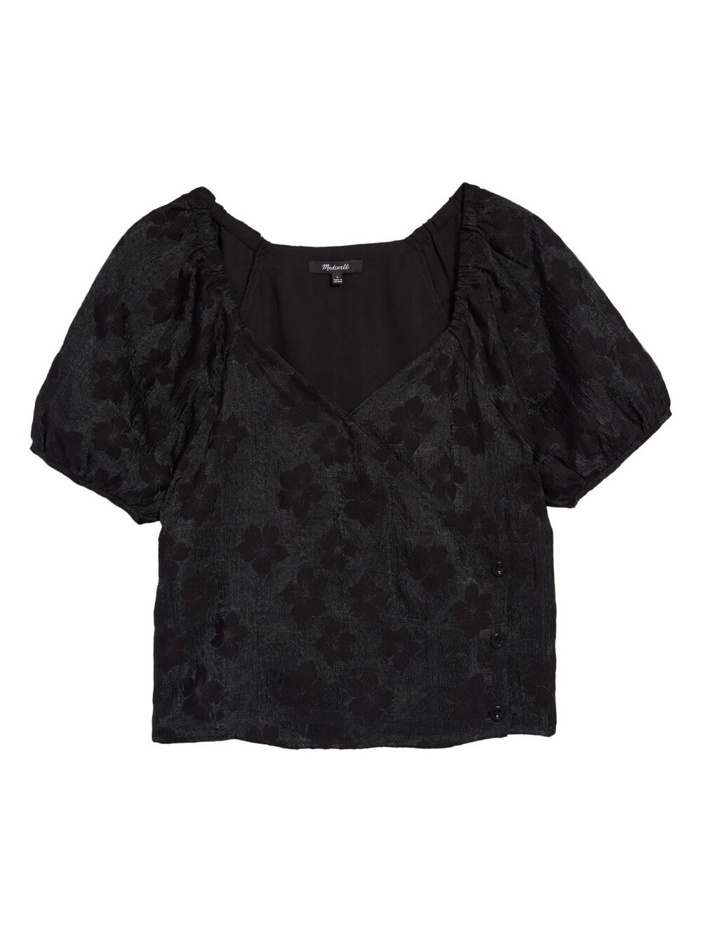 Madewell Floral Jacquard Puff Sleeve Wrap Top in True Black at Nordstrom, Size M - Picture 2 of 7